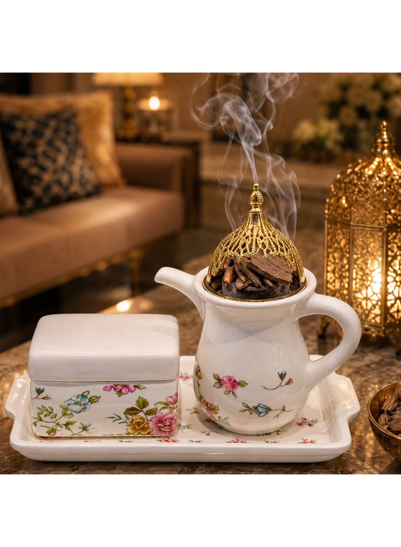 ALSAQER Luxury Ceramic Bakhoor Burner Set | Incense Burner Set with Storage Box & Tray | Traditional Arabic Oud Burner with Metal Charcoal Holder and Madkhan, Mabkhara | Elegant Home Fragrance Decor for Majlis, Gift Uses - Image 5