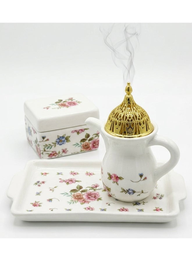 ALSAQER Luxury Ceramic Bakhoor Burner Set | Incense Burner Set with Storage Box & Tray | Traditional Arabic Oud Burner with Metal Charcoal Holder and Madkhan, Mabkhara | Elegant Home Fragrance Decor for Majlis, Gift Uses - Image 4