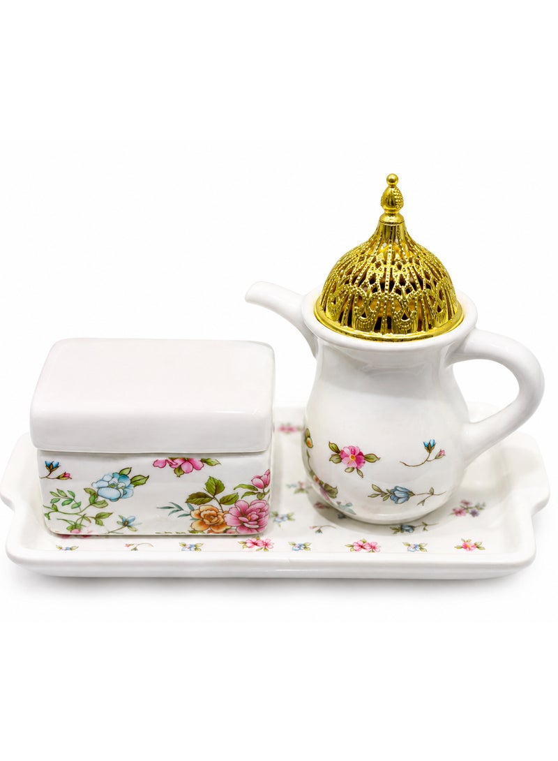 ALSAQER Luxury Ceramic Bakhoor Burner Set | Incense Burner Set with Storage Box & Tray | Traditional Arabic Oud Burner with Metal Charcoal Holder and Madkhan, Mabkhara | Elegant Home Fragrance Decor for Majlis, Gift Uses - Image 1