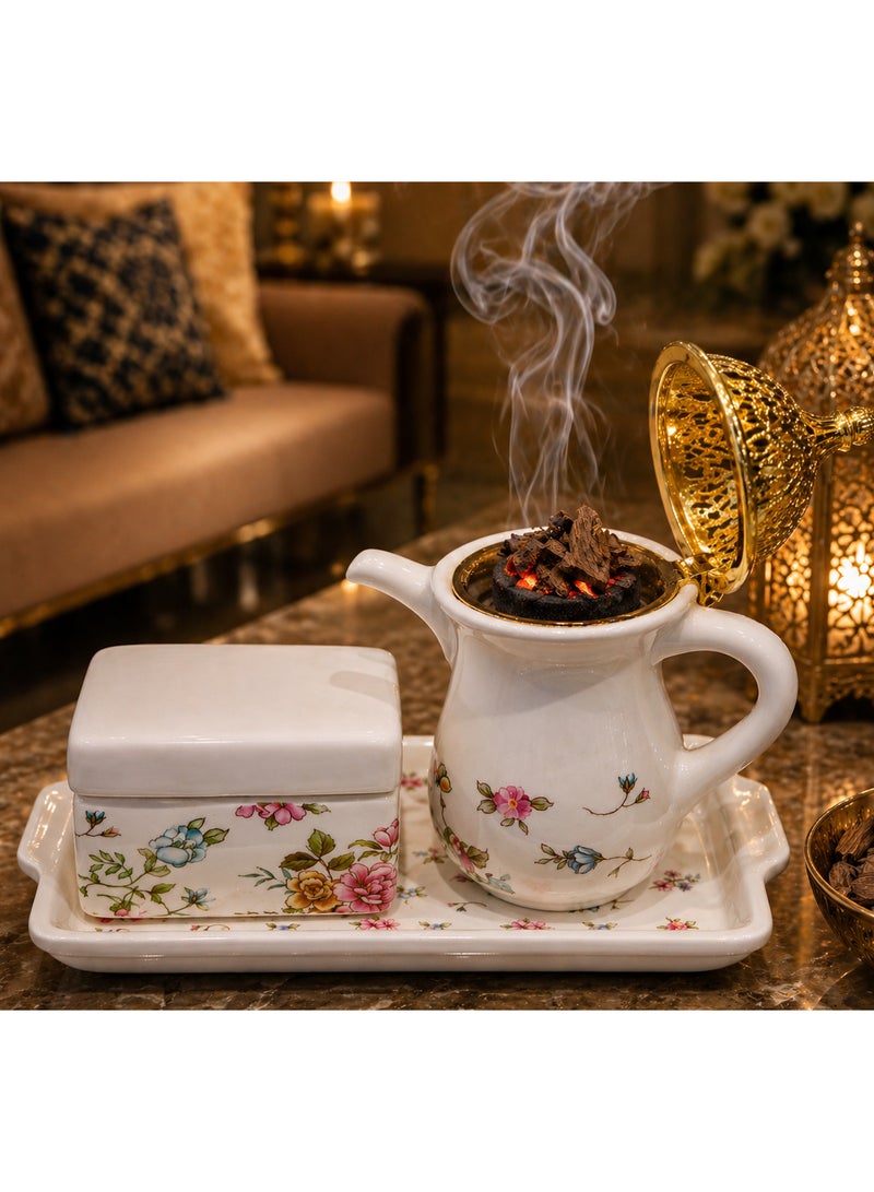 ALSAQER Luxury Ceramic Bakhoor Burner Set | Incense Burner Set with Storage Box & Tray | Traditional Arabic Oud Burner with Metal Charcoal Holder and Madkhan, Mabkhara | Elegant Home Fragrance Decor for Majlis, Gift Uses - Image 2