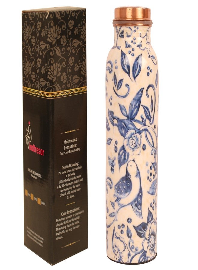 Indtresor Pure Copper Water Bottle - Handcrafted - Ayurveda health benefits - Large 1000 ml - Leak proof, Easy to carry for Sports, Fitness, Yoga, School- White Base Indigo Blue Floral Textured Enamel - Image 1