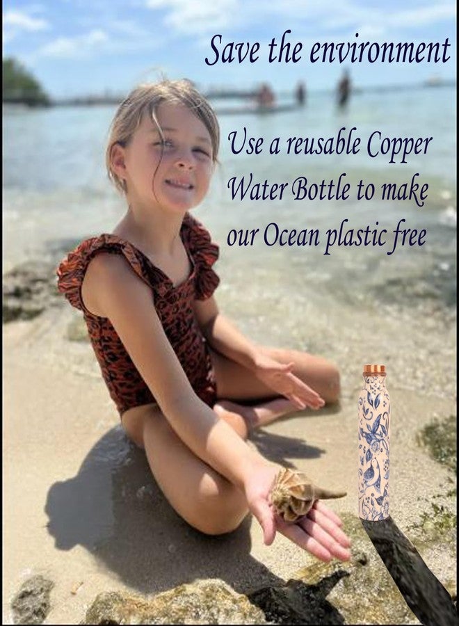 Indtresor Pure Copper Water Bottle - Handcrafted - Ayurveda health benefits - Large 1000 ml - Leak proof, Easy to carry for Sports, Fitness, Yoga, School- White Base Indigo Blue Floral Textured Enamel - Image 3