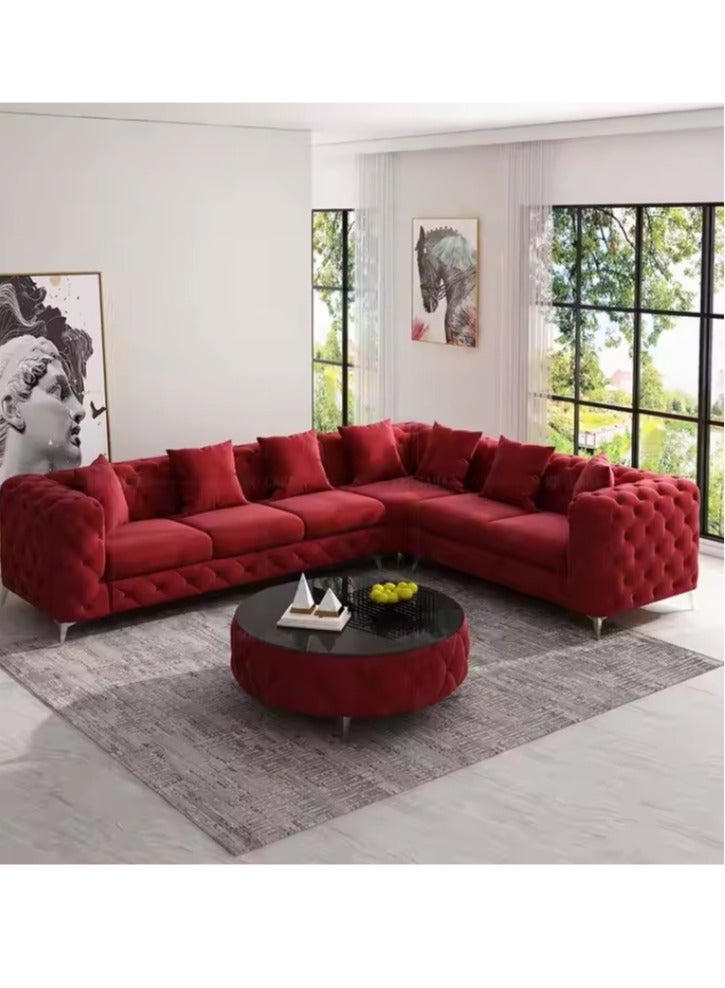 مهارة البحر أريكة ماهارات على شكل حرف L من نوع تشيسترفيلد ذات أرجل ذهبية – مجموعة فاخرة من المخمل مقعد 6 أشخاص، باللون الأحمر – أناقة تقليدية لغرفة المعيشة" - Image 1