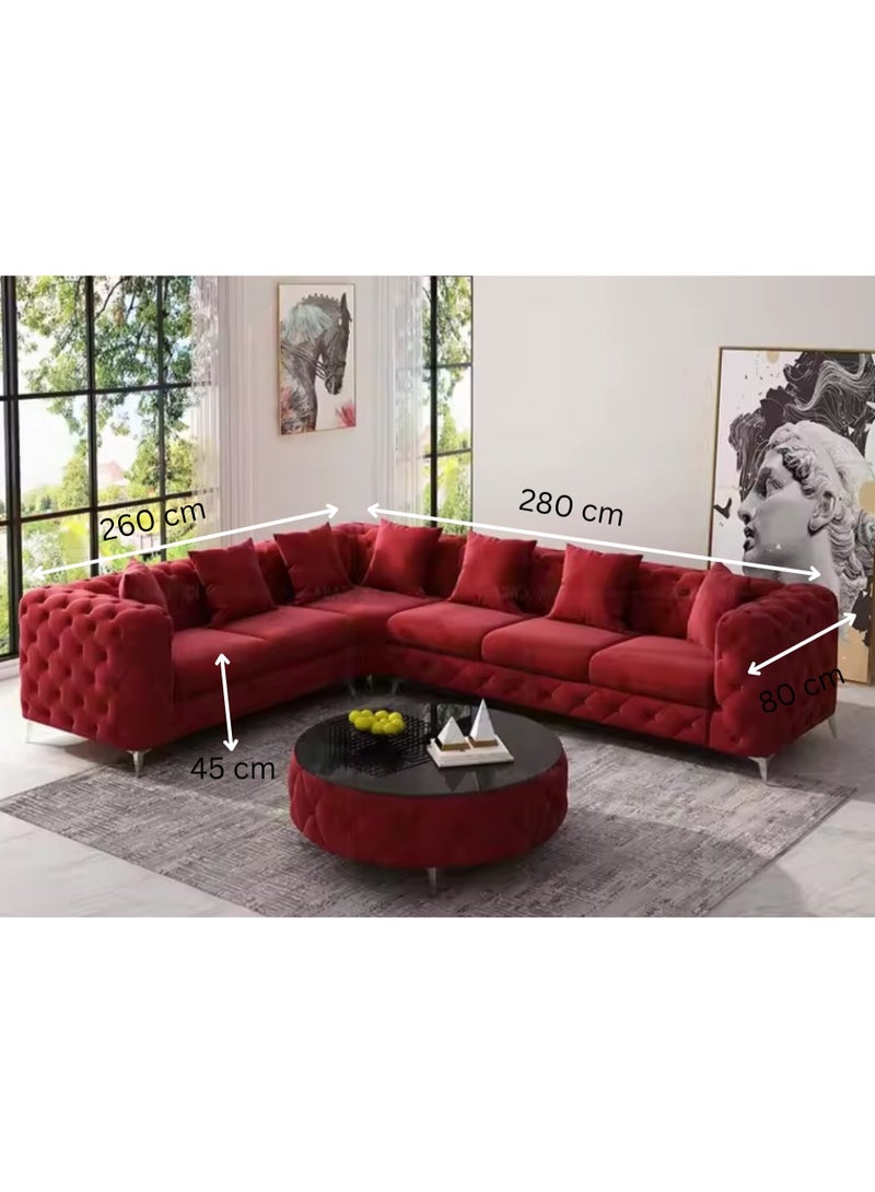 مهارة البحر أريكة ماهارات على شكل حرف L من نوع تشيسترفيلد ذات أرجل ذهبية – مجموعة فاخرة من المخمل مقعد 6 أشخاص، باللون الأحمر – أناقة تقليدية لغرفة المعيشة" - Image 3