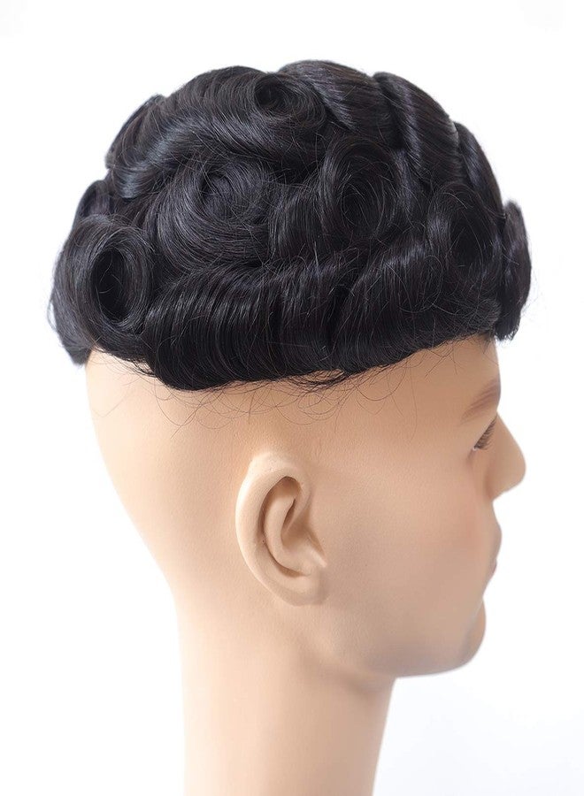 Hywel توباي هيول للرجال بشعر بشري حقيقي 100%، قمة أحادية مع طلاء بولي حول القبعة، قطع شعر بتجاعيد طبيعية بديل للرجال، نظام أسود داكن #1B (6 * 9 بوصات) - Image 1