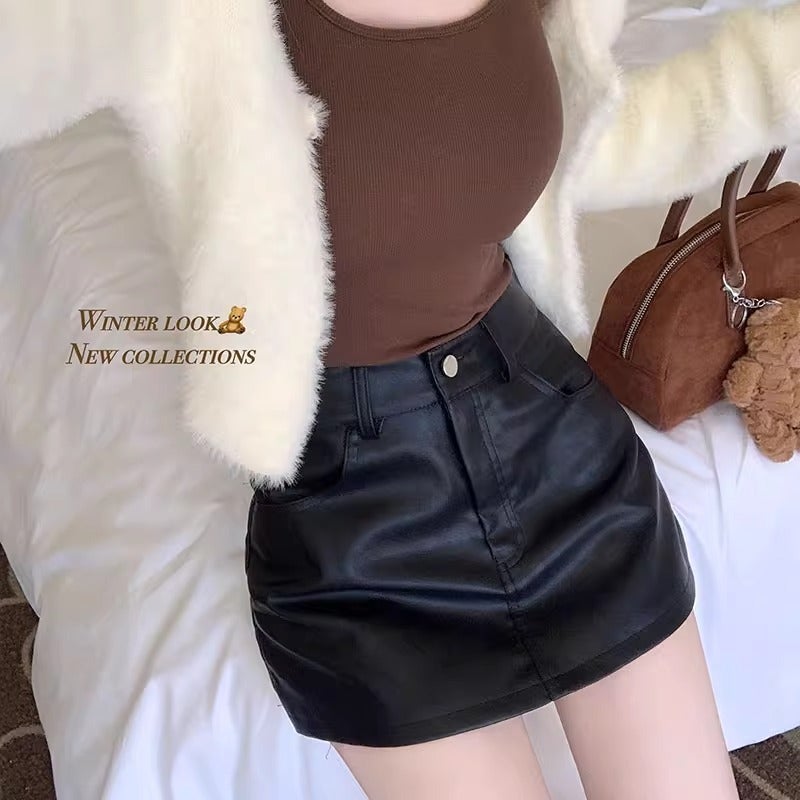 Black Pu small leather skirt skirt womens autumn and winter high waist A- line sheath half culottes step-limited low waist skirt small Black (lined)