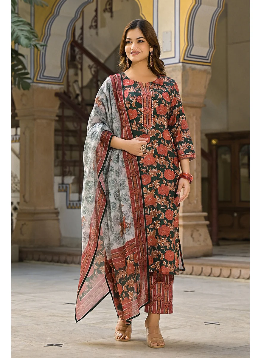 زيري سوق Green Rayon Blend Floral Printed Straight 3-Piece Kurta Set