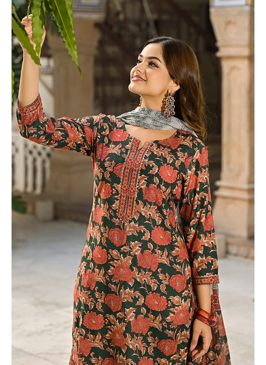 زيري سوق Green Rayon Blend Floral Printed Straight 3-Piece Kurta Set