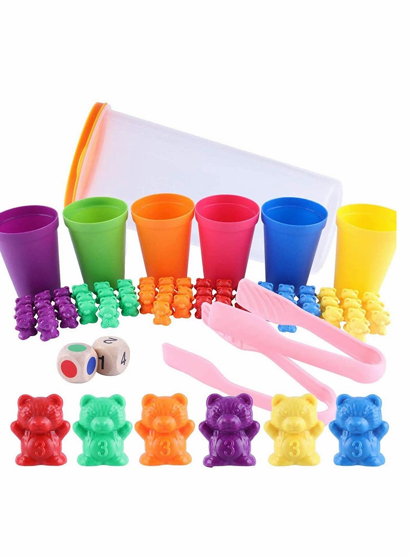 SYOSI 71pcs Rainbow Counting Bears Set with Storage Bag, Matching Sorting Cups, Bear Counters and Dice Math Toddler Games - Image 1