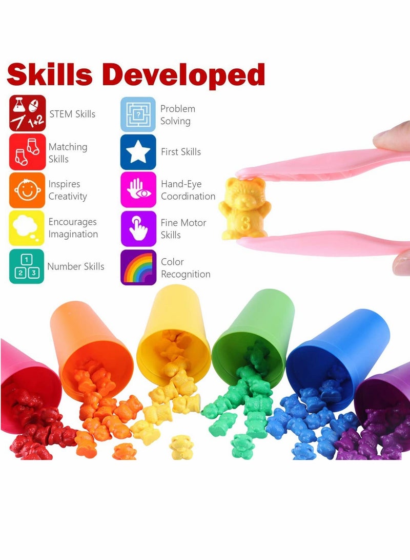 SYOSI 71pcs Rainbow Counting Bears Set with Storage Bag, Matching Sorting Cups, Bear Counters and Dice Math Toddler Games - Image 3