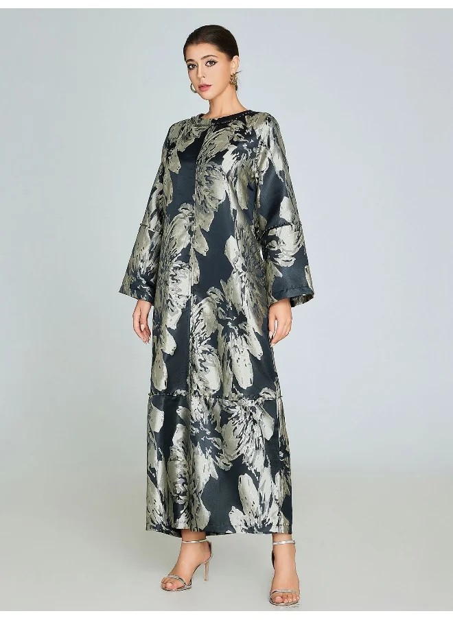 Madam Uniq Elegant Floral Pattern Abaya Robe with Black Pearls