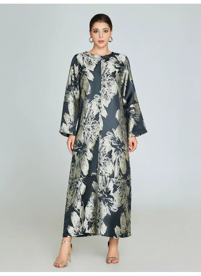 Madam Uniq Elegant Floral Pattern Abaya Robe with Black Pearls