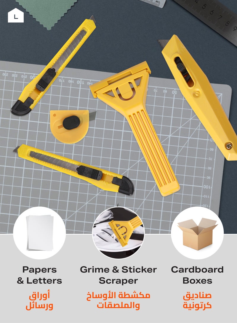 لوازم طقم مشرط - 8 قطع - سكاكين متعددة الاستخدام وكاشطات بشفرات متنوعة، مقبض مريح – مثالي للكرتون والبلاستيك والملصقات والأعمال اليدوية والمكتبية - Image 4