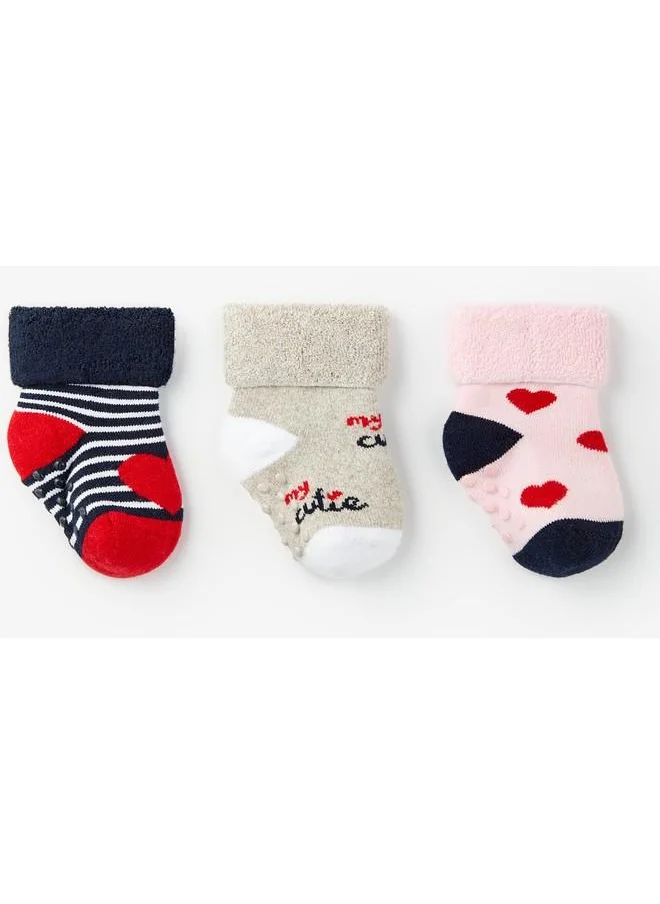 JUNE June 3 Pieces Towel Non-Slip Heart Pattern Baby Socks Navy