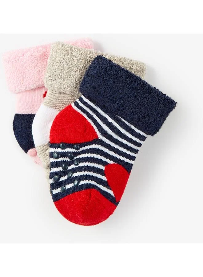 JUNE June 3 Pieces Towel Non-Slip Heart Pattern Baby Socks Navy