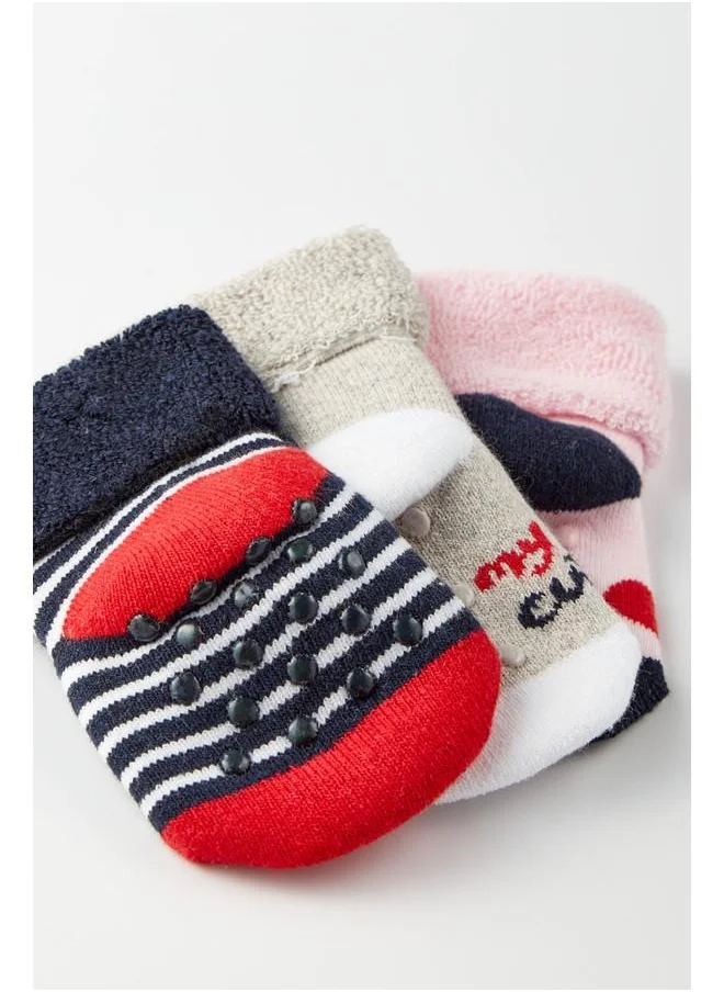 JUNE June 3 Pieces Towel Non-Slip Heart Pattern Baby Socks Navy