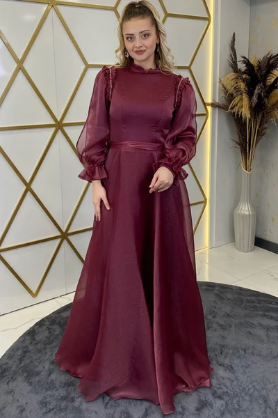 Esilanur Sema Shoulder Stone Hijab Evening Dress Fuchsia
