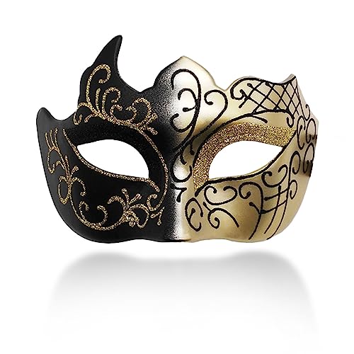 Ralleyfun Masquerade Mask for Men Couple Roman Greek Mask for Venetian Mardi Gras Costume Party Prom Ball (Black+Gold) - Image 1