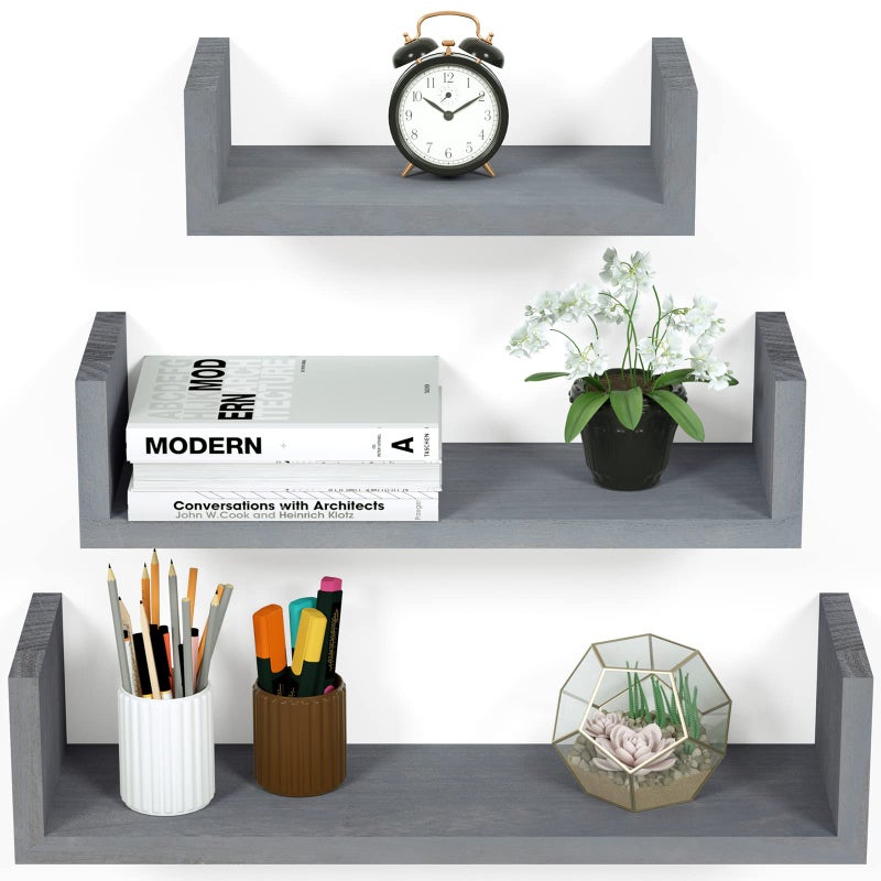 SRIWATANA Floating Shelves 3stier Solid Wood Wall Shelves for Bedroom Living Room Bathroom Kitchen Office and more Grey