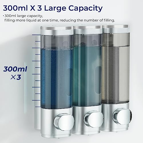 pollock Shampoo and Conditioner Dispenser, Pollock Shower Soap Dispenser 3 Chamber No Drill, Wall Mounted Shampoo Body Wash Conditioner for Bathroom Large Capacity Silver - Image 2