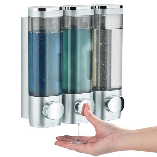 pollock Shampoo and Conditioner Dispenser, Pollock Shower Soap Dispenser 3 Chamber No Drill, Wall Mounted Shampoo Body Wash Conditioner for Bathroom Large Capacity Silver - Image 1