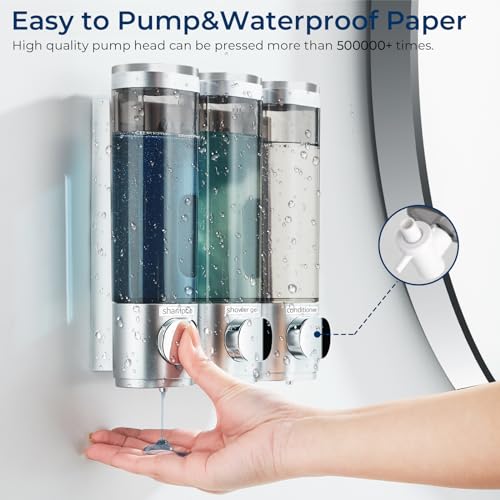 pollock Shampoo and Conditioner Dispenser, Pollock Shower Soap Dispenser 3 Chamber No Drill, Wall Mounted Shampoo Body Wash Conditioner for Bathroom Large Capacity Silver - Image 3