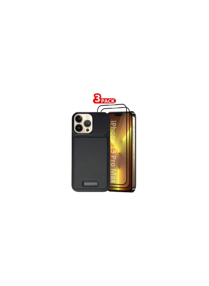 CATANES iPhone 13 Pro Max 3 Pack Case Leather Metal Design, Slim Lightweight Minimalist Cover,1 Case 2 Screen Protectors  - Image 1