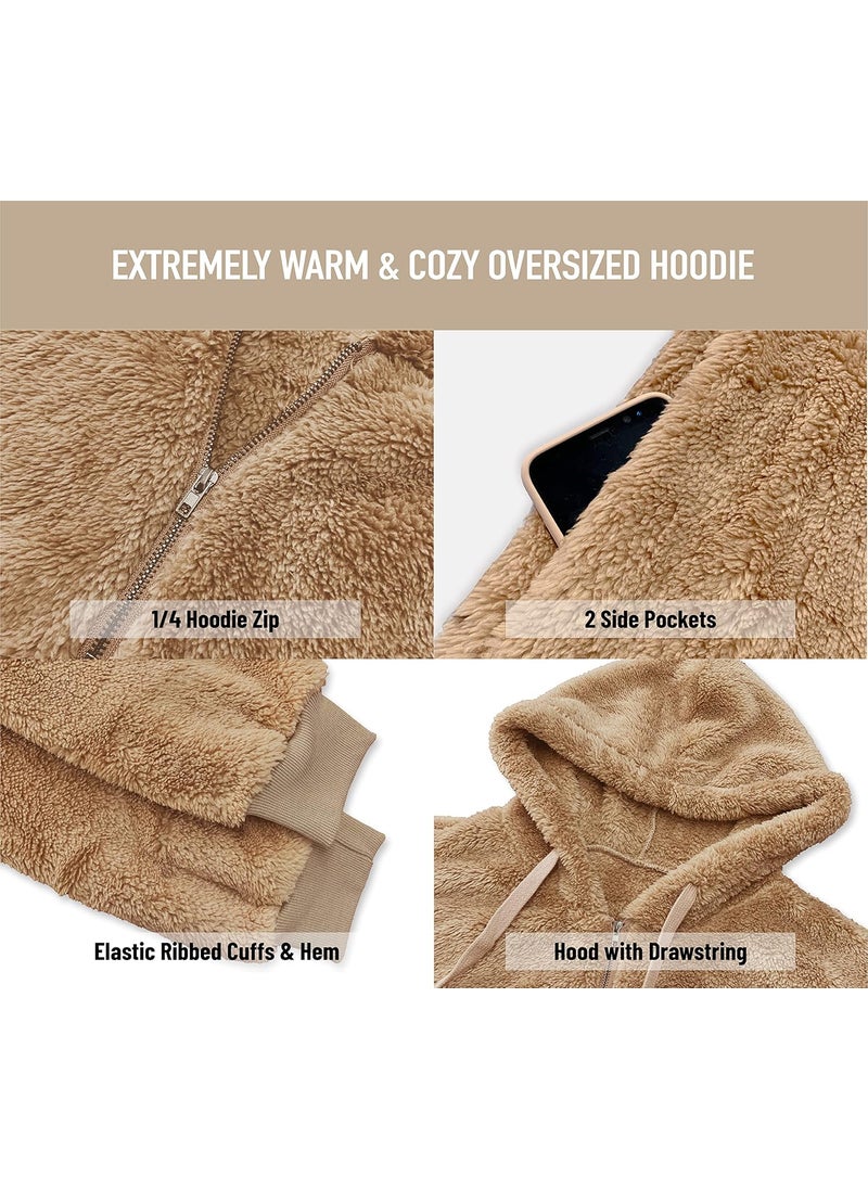 Always - ALWAYS Womens Comfy Fleece Sherpa Hoodie  Oversized Fluffy Fuzzy Pullover Sweatshirt Sweater with Pockets Brown M - Image 1