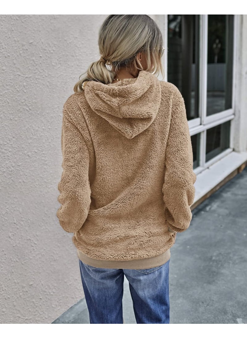 Always - ALWAYS Womens Comfy Fleece Sherpa Hoodie  Oversized Fluffy Fuzzy Pullover Sweatshirt Sweater with Pockets Brown M - Image 1