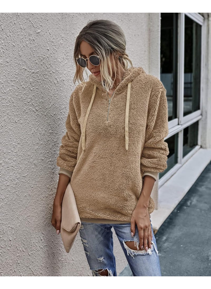 Always - ALWAYS Womens Comfy Fleece Sherpa Hoodie  Oversized Fluffy Fuzzy Pullover Sweatshirt Sweater with Pockets Brown M - Image 1