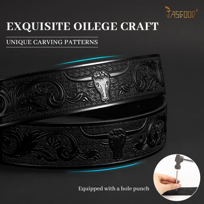 JASGOOD Western Leather Belt Strap for Men Engraved Cowboy Belt Strap without Buckle 1.5'' Wide Long Horn Bull Western Belt - Image 2