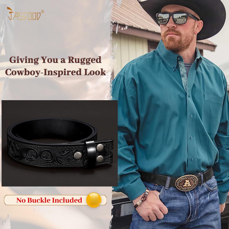 JASGOOD Western Leather Belt Strap for Men Engraved Cowboy Belt Strap without Buckle 1.5'' Wide Long Horn Bull Western Belt - Image 4