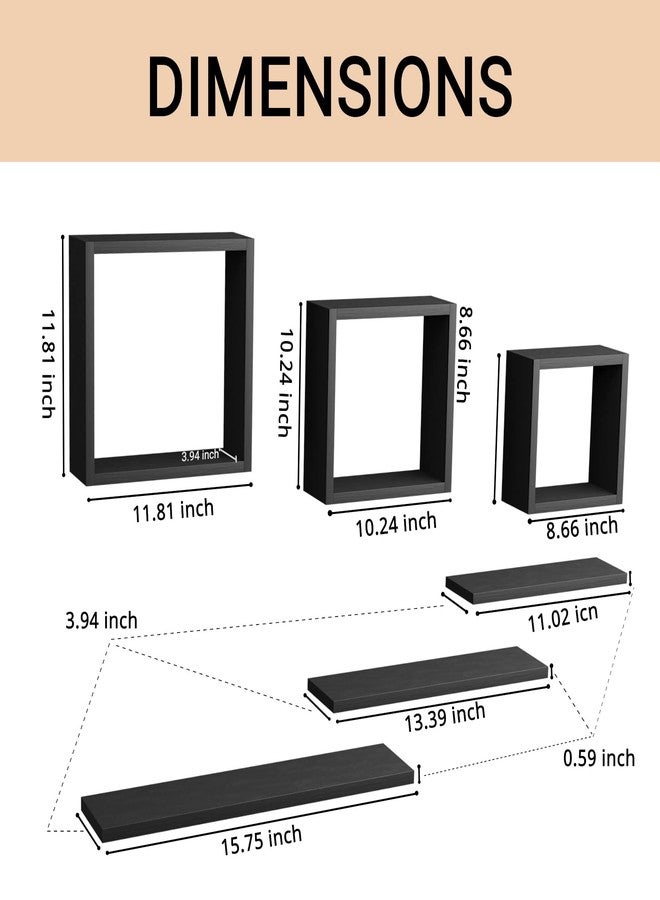 LUDORU Wooden Square Floating Shelves Wall Mount - Set of 6 Cube Shelves, Geometric Wall Decor for Bedroom, Living Room, Bathroom, Kitchen, Office - Black - Image 2