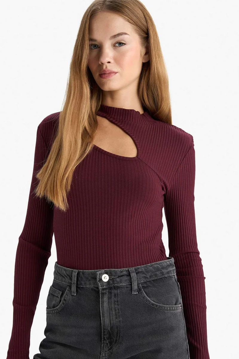 ديفاكتو Slim Fit Long Sleeve Crew Neck Ribbed T-shirt