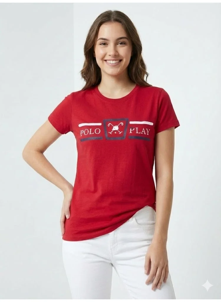 لعب البولو تيشيرت نسائي برسومات - أحمر