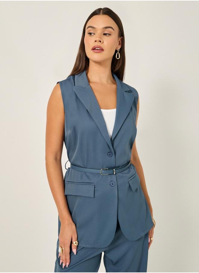 Styli Solid Regular Fit Longline Waistcoat with Belt  - Image 1