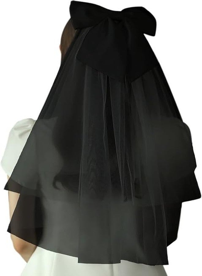 Cerun 1 Pcs Luxury Black Women Bridal Veil Short Tulle Lace Bowknot Wedding Bridal Veil Headpieces Gothic Halloween Coplay Party Veil - Image 2