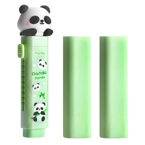 WISHKEY Cute Panda Pencil Eraser for Girls and Boys, Stylish Erasers for Kids, Cute Retractable Erasers with Protective Case, Fancy Eraser for School Students, Big Eraser (Pack of 1, Green) - Image 1