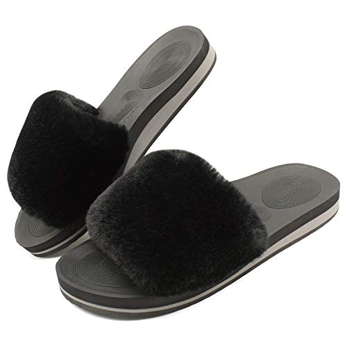 COFACE Womens Slides Fuzzy House Slippers for Women Open Toe Fluff Slippers With Arch Support Plantar Fasciitis Orthotic Slippers Women House Shoes Indoor Size 8 - Image 2