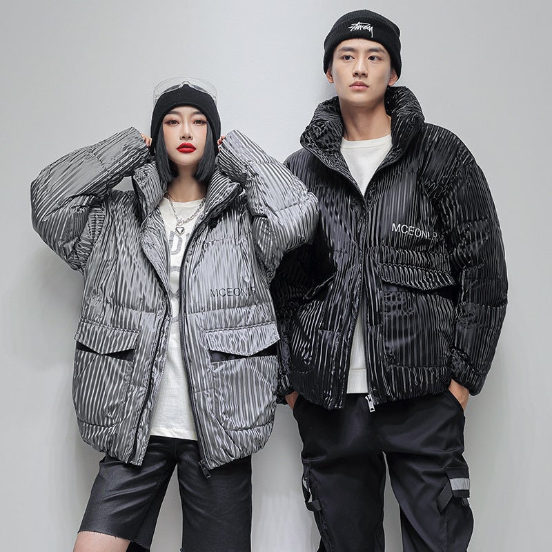 2021 Winter New Down Jacket Men'S Pleated Vertical Pattern Stand Collar White Duck Down Men'S Down Jacket Trendy Couple Coat - Image 4