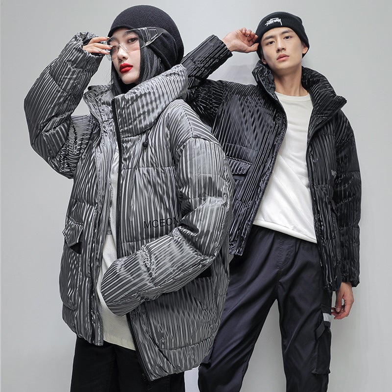 2021 Winter New Down Jacket Men'S Pleated Vertical Pattern Stand Collar White Duck Down Men'S Down Jacket Trendy Couple Coat - Image 2