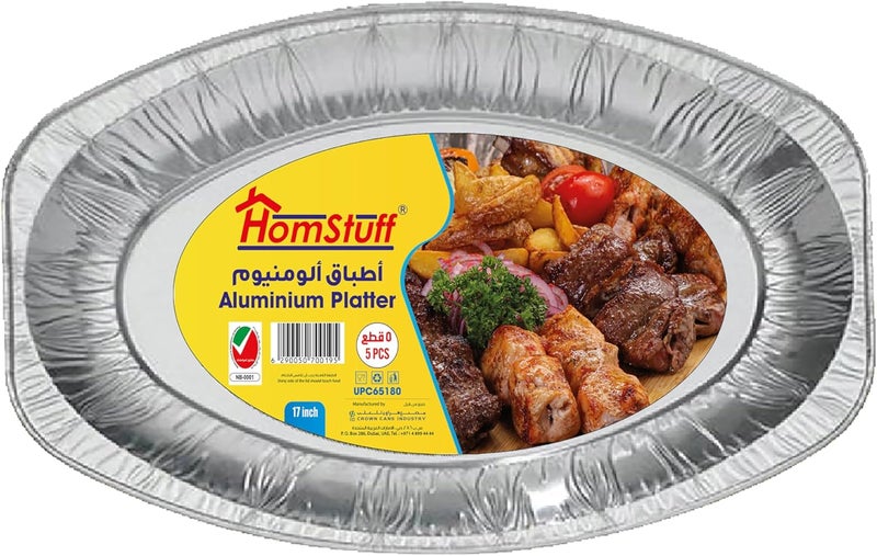 HomStuff Disposable Aluminium Food Serving Platter 65180 (1500 ml), 5 Pieces, Silver