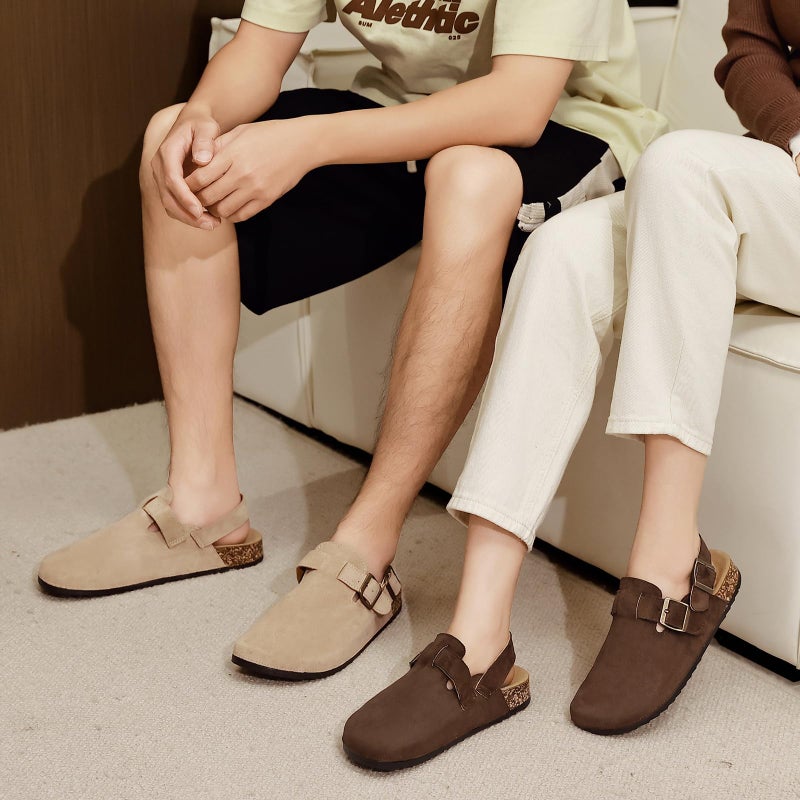 DDXYYDS Women's Suede Clogs with Back Strap Men's Cork Footbed Leather Mules Clogs for Women Comfort Memory Foam Slingback Clog Sandals with Adjustable Buckle Slip on Potato Shoes Dark Brown - Image 2