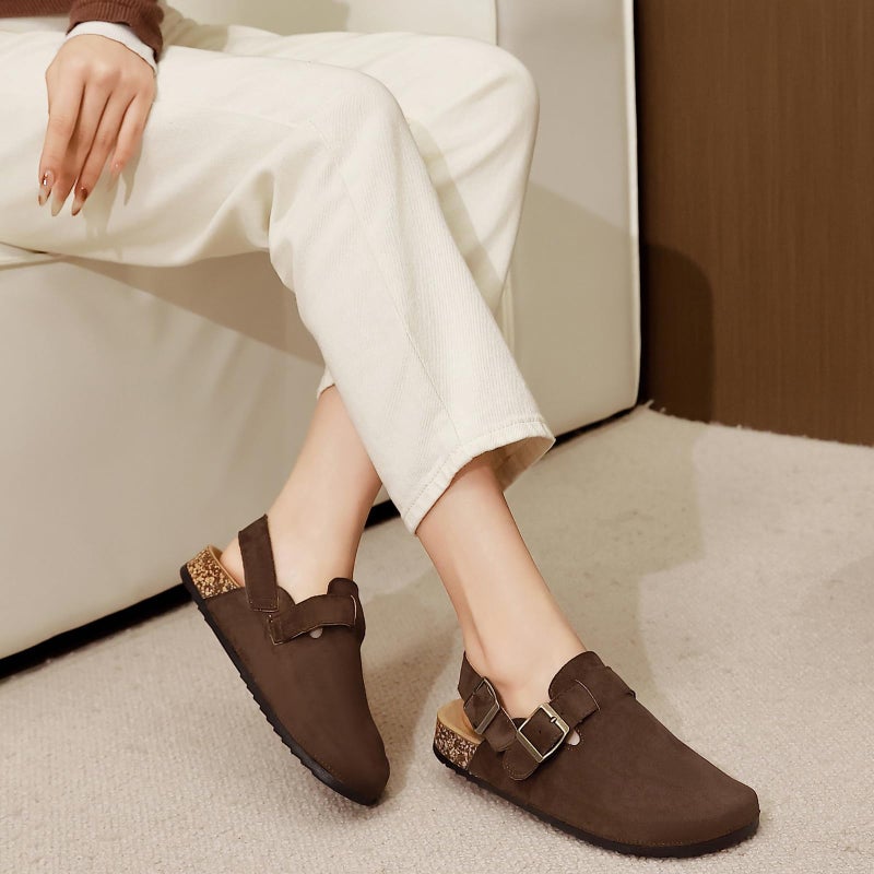 DDXYYDS Women's Suede Clogs with Back Strap Men's Cork Footbed Leather Mules Clogs for Women Comfort Memory Foam Slingback Clog Sandals with Adjustable Buckle Slip on Potato Shoes Dark Brown - Image 3