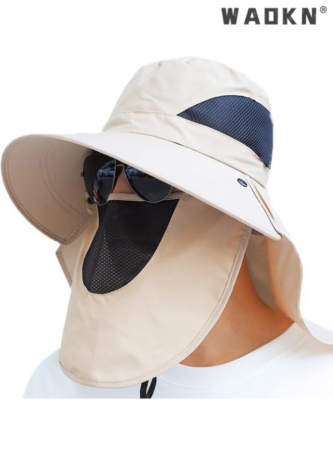 WAOKN Summer Breathable UV Protection Sun Hat for Men/Women - Lightweight Wide Brimmed Fishing Hat With Neck Cover for Outdoor Cycling ,Foldable hat ,Removable face mask,Mountaineering hat, outdoor sun hat,56-60CM,Khaki. - Image 1