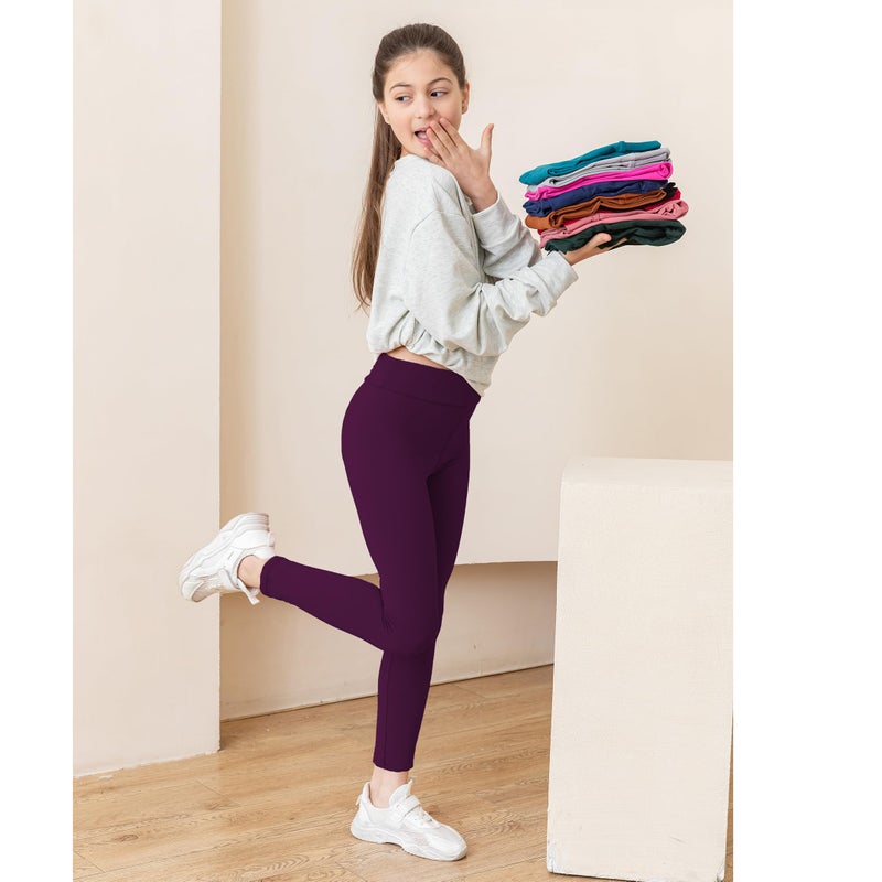 SOFTMILK High Waist Girls Leggings Size 4-11Y,10pcs Solid Color Yoga Leggings, Stretchy Tight Soft Pants for Kids Dancing Sports Casual Wear (US, Age, 5 Years, 6 Years, 10 Colors Girls Leggings) - Image 2