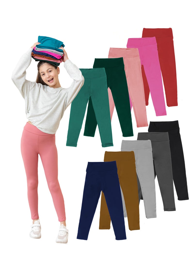 SOFTMILK High Waist Girls Leggings Size 4-11Y,10pcs Solid Color Yoga Leggings, Stretchy Tight Soft Pants for Kids Dancing Sports Casual Wear (US, Age, 5 Years, 6 Years, 10 Colors Girls Leggings) - Image 1