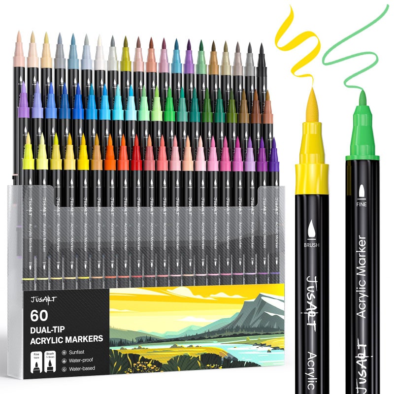 JusArt 60 Colors Dual Tip Acrylic Paint Pens Markers Brush and Fine Tip Premium Paint Pens for Wood Canvas Egg Stone Fabric Rocks Metal Glass Ceramic DIY Crafts Making Art Supplies Gifts - Image 2