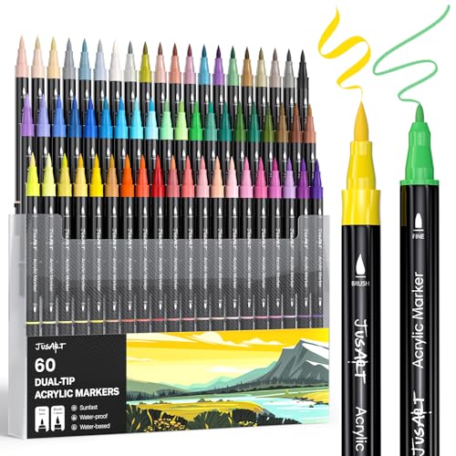 JusArt 60 Colors Dual Tip Acrylic Paint Pens Markers Brush and Fine Tip Premium Paint Pens for Wood Canvas Egg Stone Fabric Rocks Metal Glass Ceramic DIY Crafts Making Art Supplies Gifts - Image 1