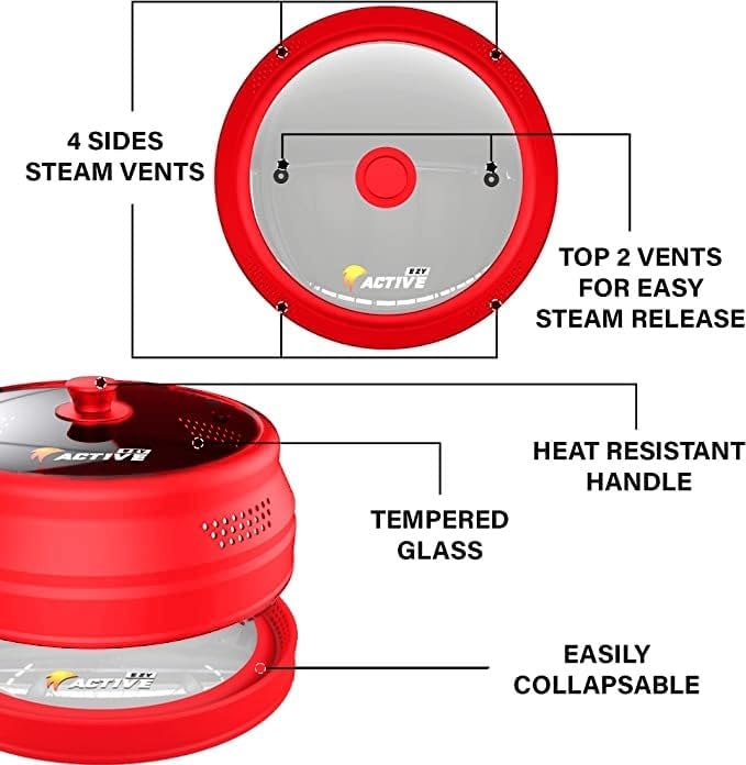 EZY ACTIVE Collapsible Microwave Cover for Food - Silicone and Glass Splatter Guard Lid for 6-12 inch Plates & Bowls, Dishwasher Safe, Heat Resistant, BPA-Free, (Red). - Image 3